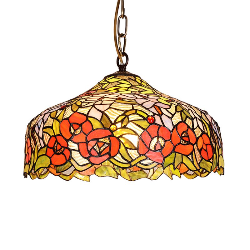 Floral Ceiling Suspension Lamp 1 Light Cut Glass Mediterranean Pendant Lighting Fixture in Red