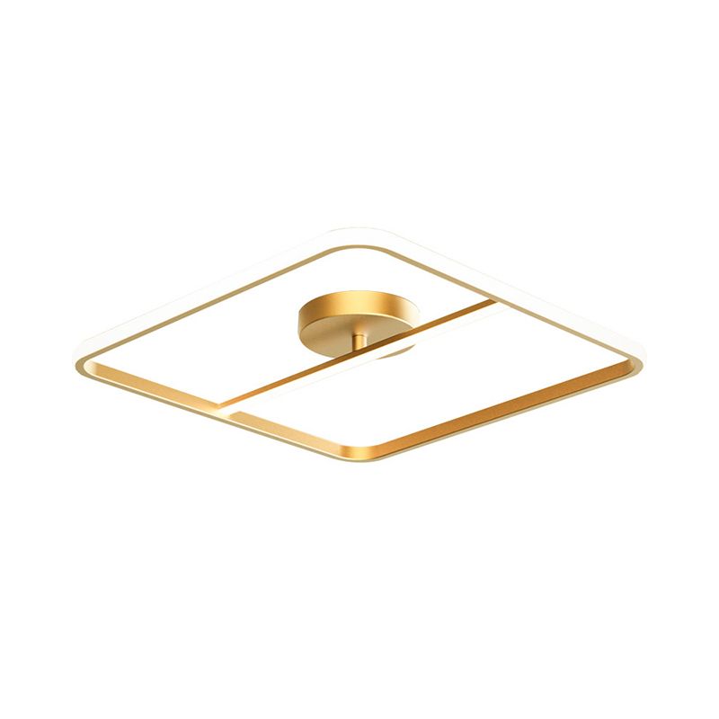 Square-Shape Semi Flush Mount Lamp Simple Metallic Gold LED Ceiling Mounted Light in Warm/White Light