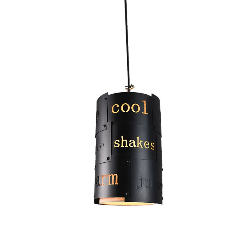 Mini Spliced Column Beer Bar Hanging Lamp Artistry Metallic Single Black Ceiling Pendant with Script
