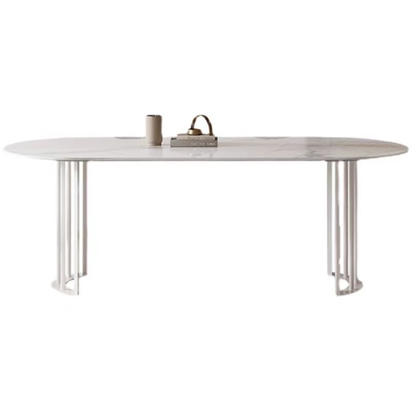 Modern White Stone Top Dinner Table Oval Metal Double Pedestal Dining Table