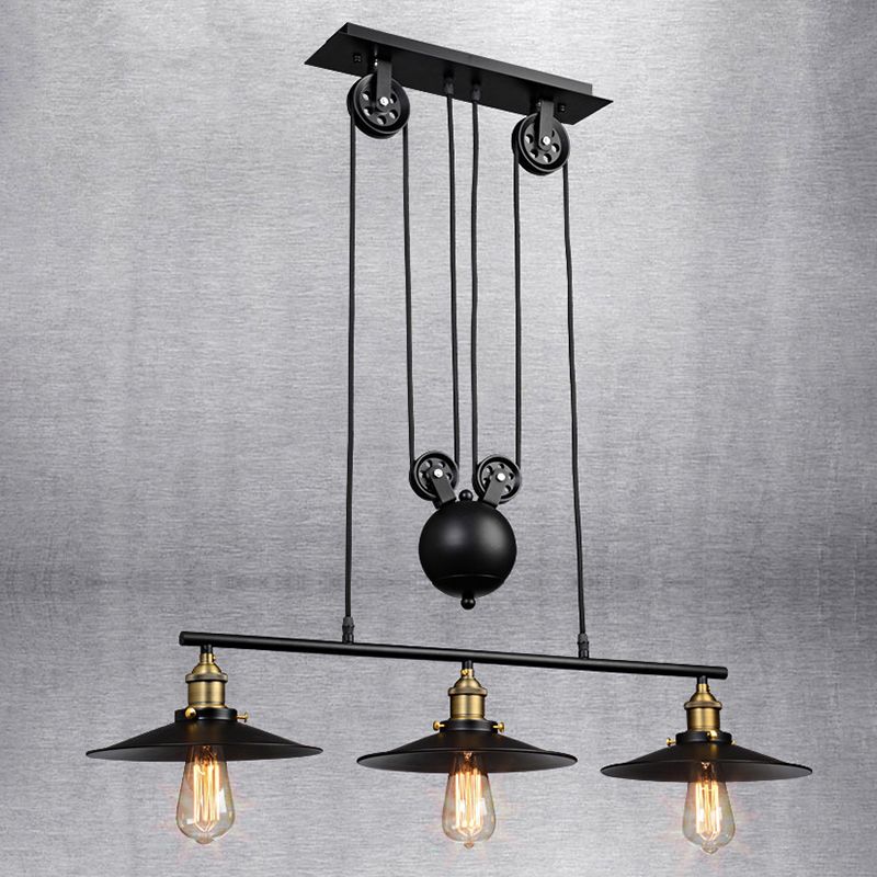 Liftable Industrial Retro Island Light with Black Metal Saucer Shade Cafe Shop Suspended Lighting Fixture