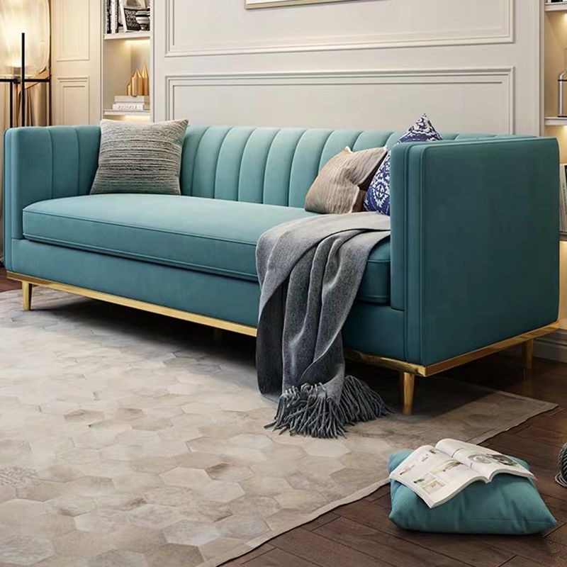 Modern 29.5" H Velvet Tuxedo Arm Sewn Pillow Back Sofa For Living Room
