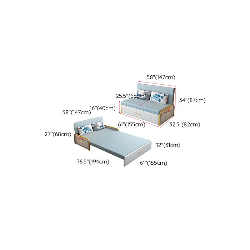 Glam Round Arms Futon Frame Bonded Leather Blue Sleeper Sofa