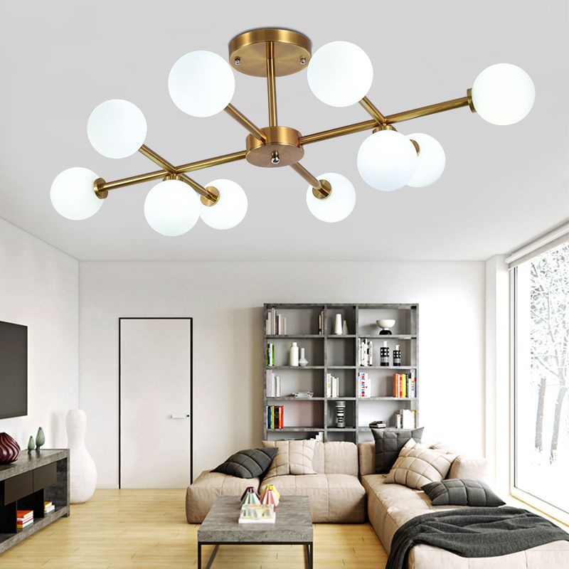 Living Room Semi Flush Light Fixture Minimalist Gold Semi Mount Lighting with Round Glass Shade