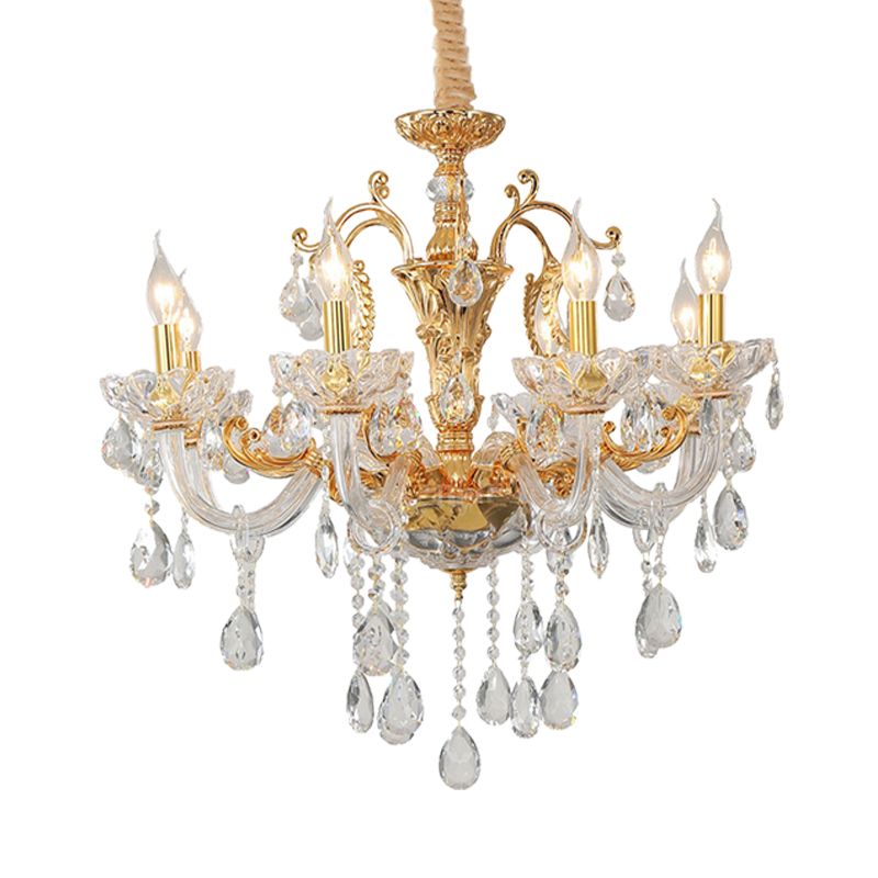 8-Head Candle Pendant Chandelier Traditionalism Gold Clear Crystal Glass Hanging Light Fixture