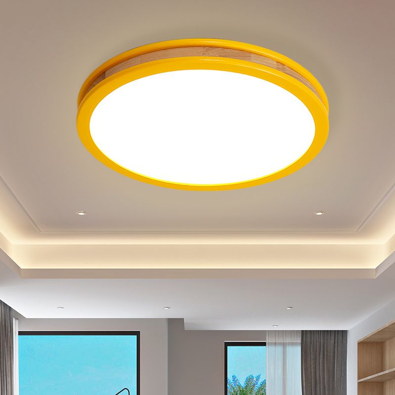 Yellow Round Flushmount Macaroon LED Wood Ceiling Flush Mount for Bedroom, 12"/16" Dia