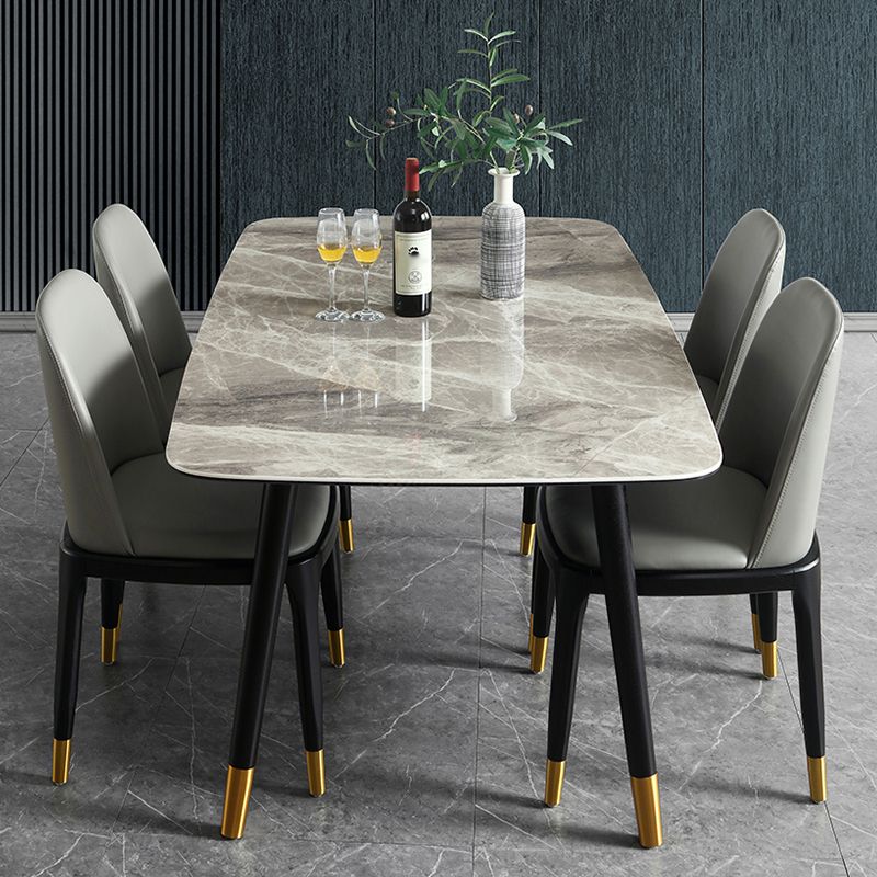 Mid-Century Modern Rectangle Dining Table Stone Top and Solid Wood Legs Dining Table