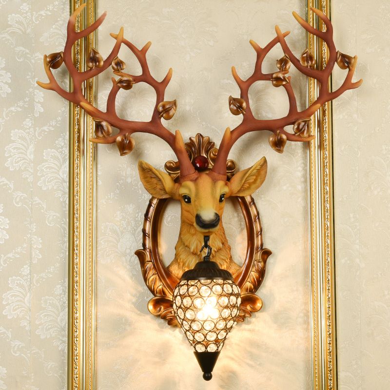 White/Brown Elk Mount Light Country Style Resin 1 Light Wall Donce con sombra de cristal para sala de estar, 19.5 "/23.5" W