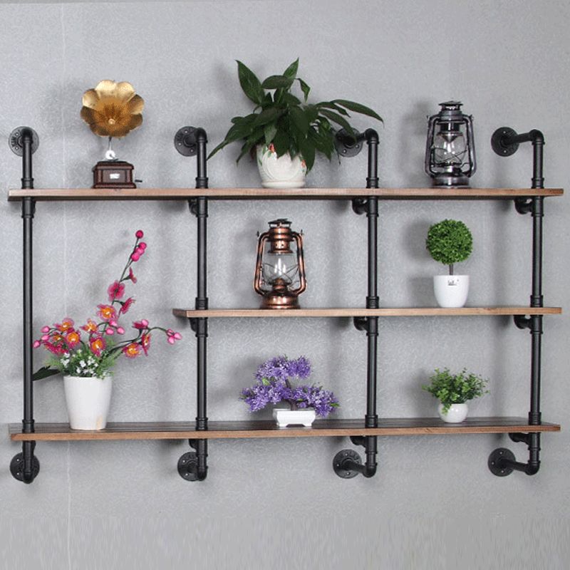 Industrial Wall Mounted Bookshelf with Black Iron Frame Pine Wood Shelf