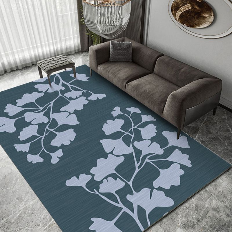Dark Colored Modern Rug Plants Pattern Area Carpet Polyester Stain Resistant Rug for Living Room