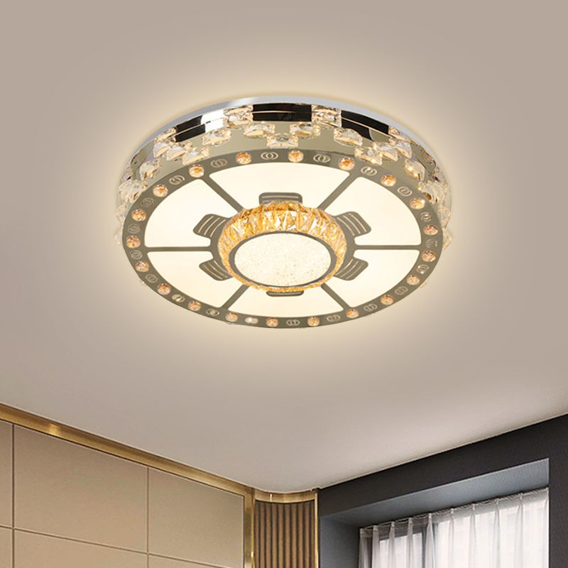 LED Round Ceiling Mount Modern Stainless-Steel Clear Beveled Crystal Blocks Flush Light Fixture
