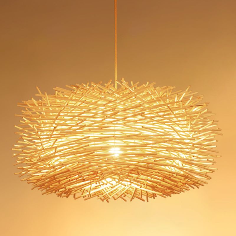 Asian 1 Bulb Ceiling Pendant Light Beige Nest Shape Hanging Lamp Kit with Rattan Shade