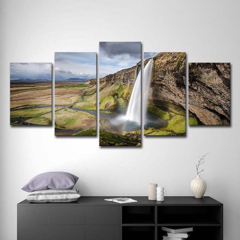 Photo Print Mountain Waterfall Canvas Art for Hallway, Brown and Green, Multi-Piece