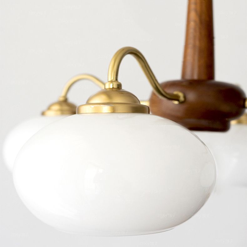 Wooden Chandelier Gold Globe Hanging Light with White Glass for Living Room