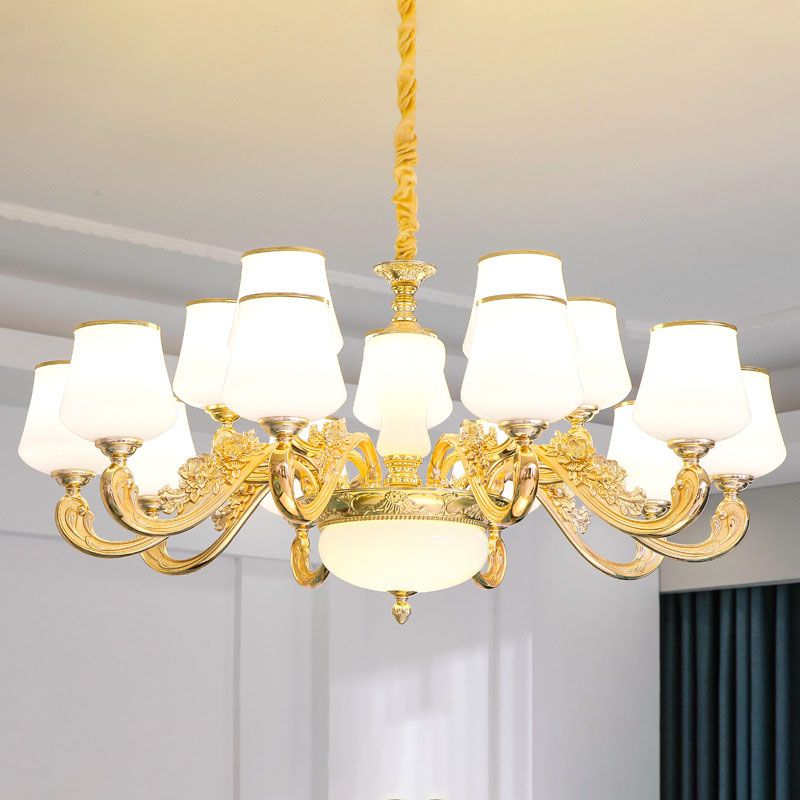 Colgante cónico colgante simple accesorio de iluminación de lámpara de oro de vidrio blanco con brazo desplazado