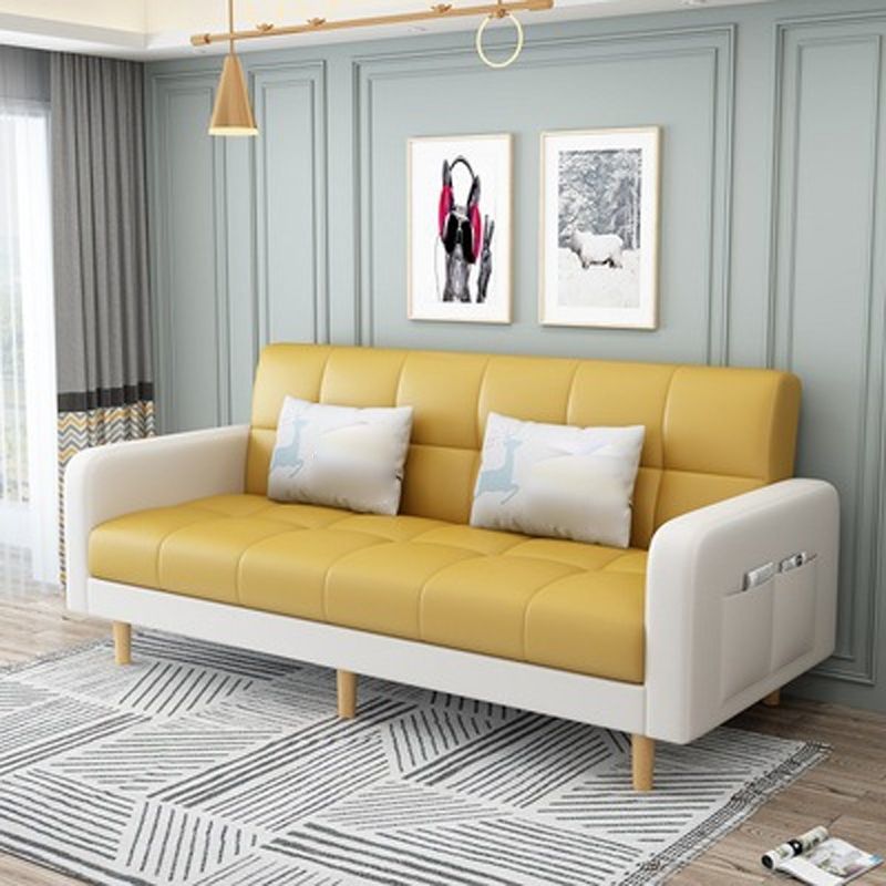Contemporary Faux Leather and Linen Biscuit Back Convertible Settee Couch