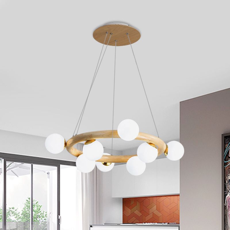 Orbs Opal Matte Glass Chandelier Nordic 8 Bulbs Beige Ceiling Pendant Light with Wood Circle Arm