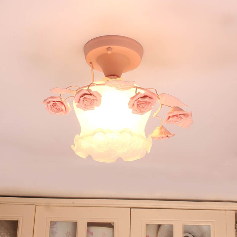 Ruffle Frosted White Glass Semi Flush Mounted Light Pastoral Style 1-Light Dining Room Ceiling Lighting in Pink/White/Blue
