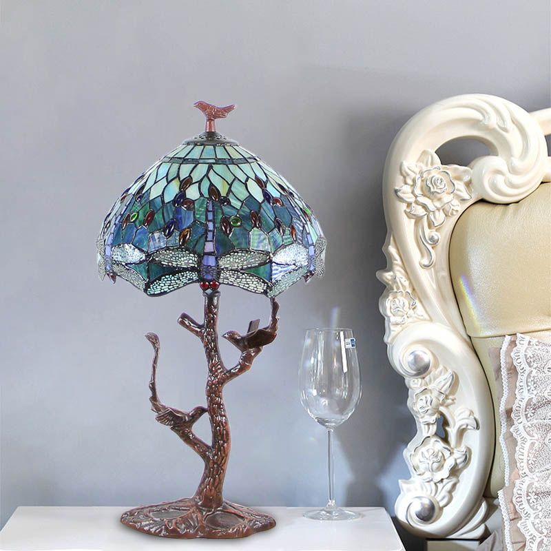 Dragonfly Stained Art Glass Night Light Victorian 1 Head Coffee Nightstand Lamp with Domed Shade and Bird Deco