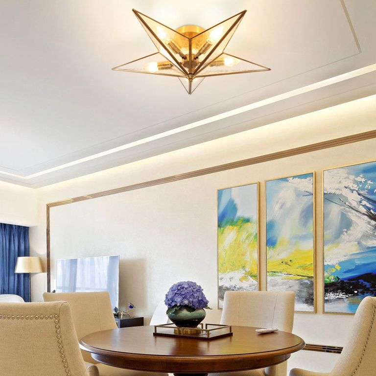 23,6 Zoll breites Pentagramm-Messing Deckenleuchte mit Glasschatten 5 Leichtstoffe Nordische Einfachheitsstil Flush Mount Lampe