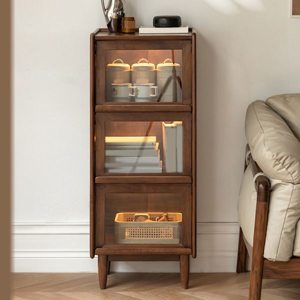 Brown Solid Wood Curio Cabinet Modern Glass Doors with Lighting