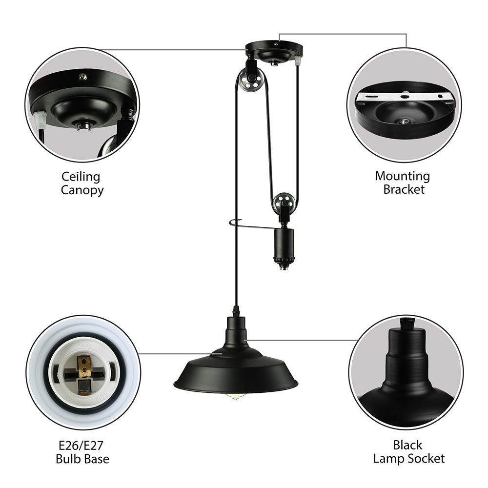 Farmhouse Pulley Pendelleuchte mit Scheunenschatten 1 Glühbirnenmetallische Hanglampe in Schwarz für die Küche