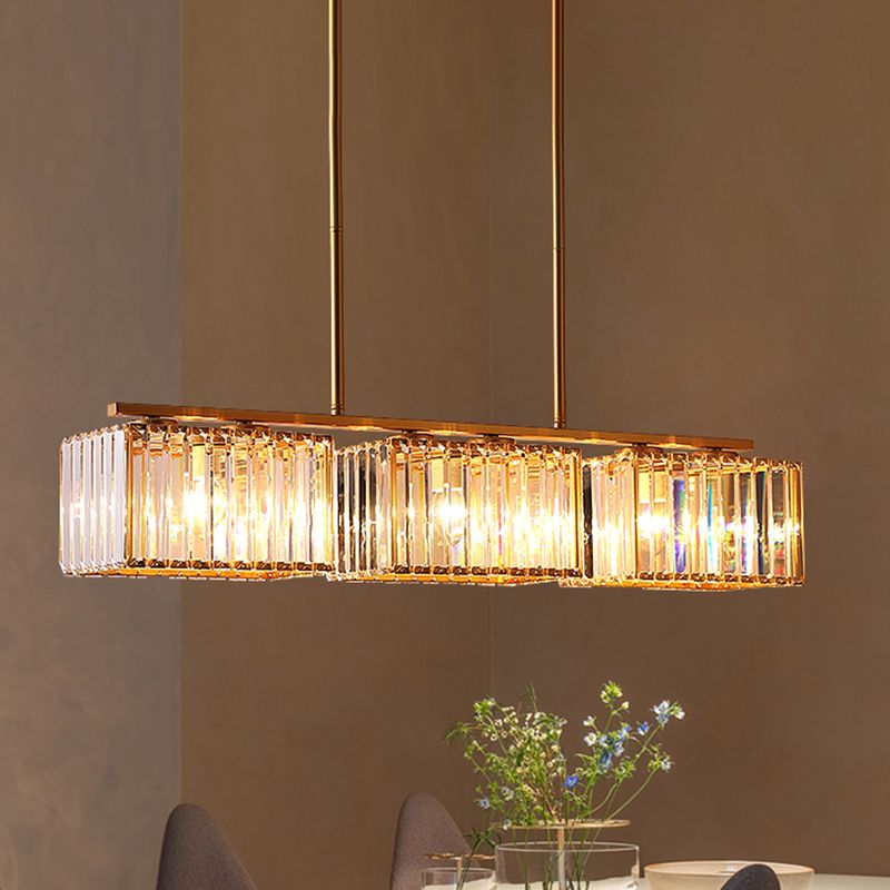 Gold 4/6/8 Bulbs Pendant Lighting Contemporary Metal Linear Island Lamp with Clear Cuboid Crystal Shade for Dinning Room