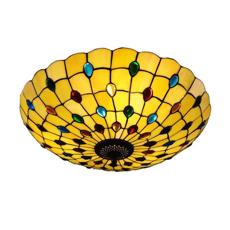 12/16/19.5-Inch Wide Bowl Ceiling Light Retro Style Stained Glass 1/2/3 Light Jewel Flushmount Ceiling Light in Beige/White/Yellow