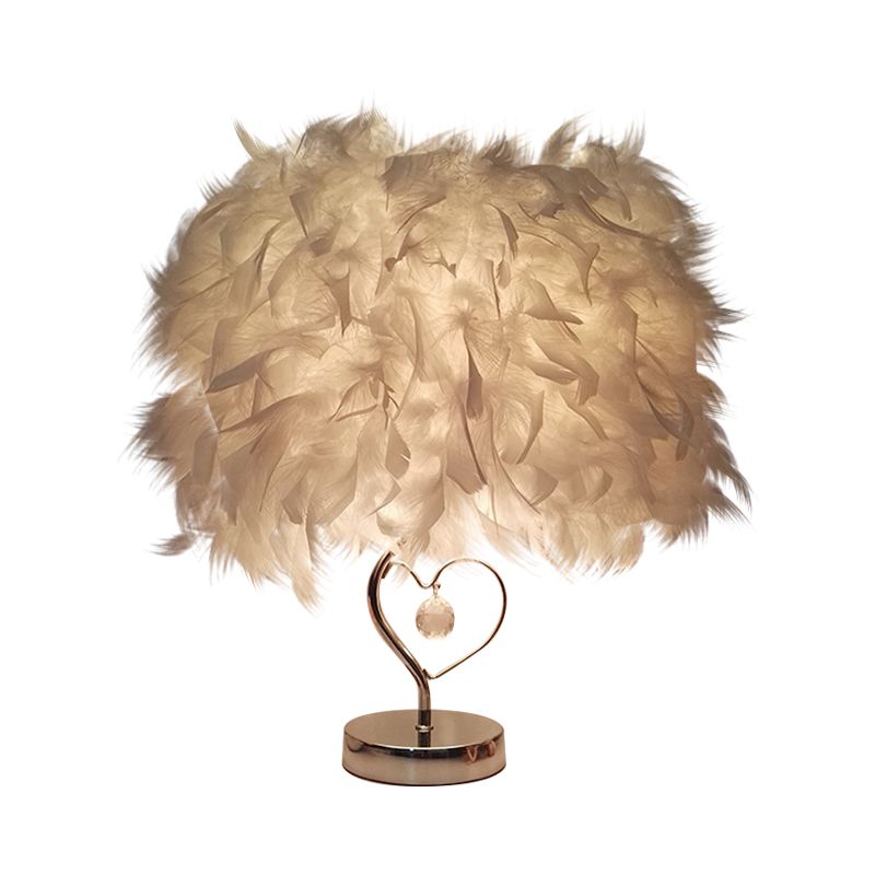 Modern Single Nightstand Lamp Red/White/Pink Bucket Shaped Table Light with Feather Shade and Crystal Drop