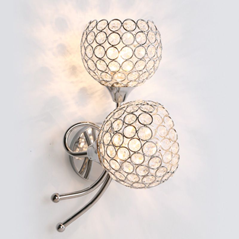 Silver Globe Wall Mounted Light Modern 2-Head Crystal Wall Sconce for Living Room