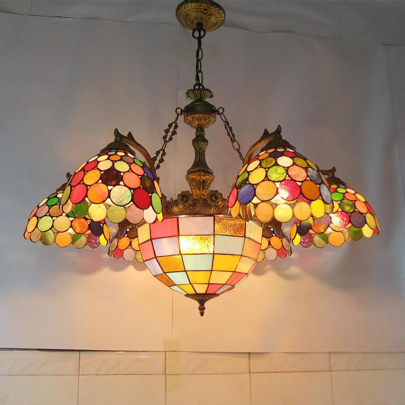 Cut Glass House/Bell Chandelier Light Mediterranean 7 Lights Brass Ceiling Pendant Light for Living Room