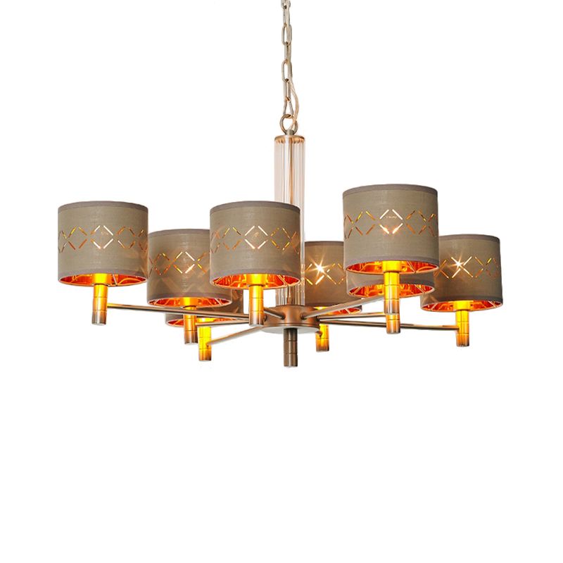 6/8 Bulbs Ceiling Lamp with Drum Fabric Shade Traditional Bedroom Chandelier Pendant Light in Brown