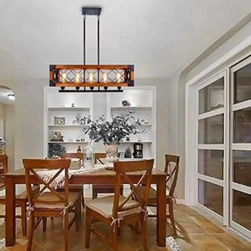 Marco de hierro luz de la isla negra en la luz colgante de madera de madera de estilo retro industrial para el comedor