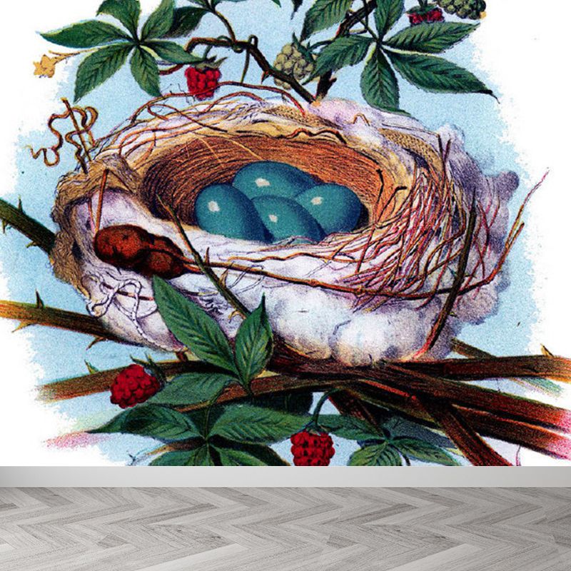 Green Bird's-Nest and Leaves Mural Wallpaper Stain-Proofing Wall Art for Dining Room