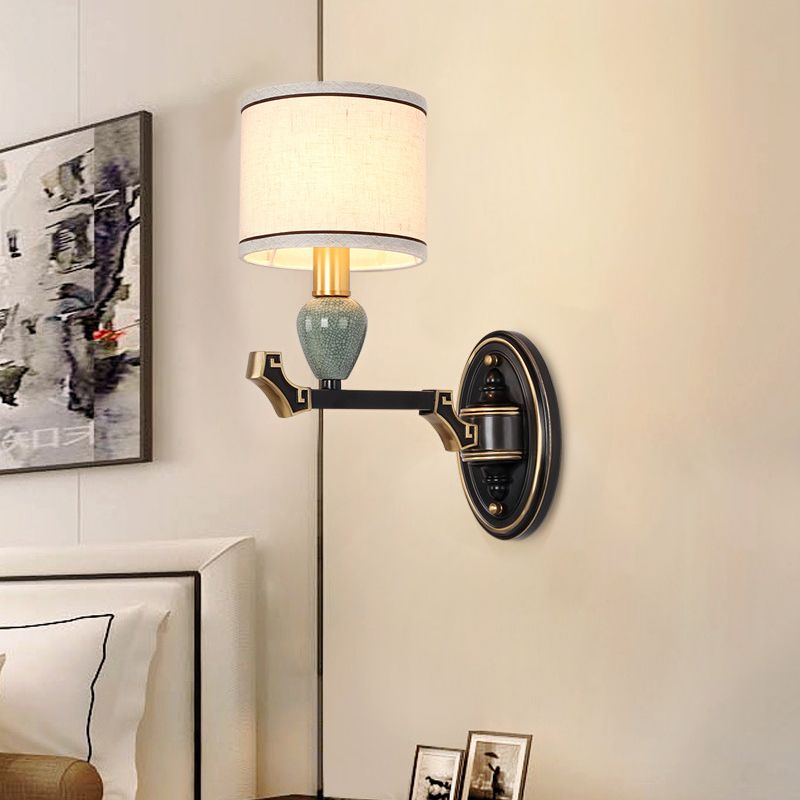 1/2-Bulb Wall Mounted Light Traditional Drum Fabric Wall Sconce Lighting in Black for Bedroom