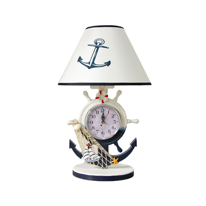 Illuminazione da tavolo con base del timone Lampada da comodino in resina stile bambini con lampadina singola sfumata blu con design a orologio