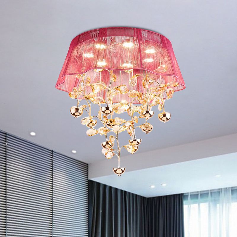 Silver/Pink Scalloped Ceiling Flush Modernist Fabric Bedroom LED Flush Mounted Lamp with Crystal Tree Design