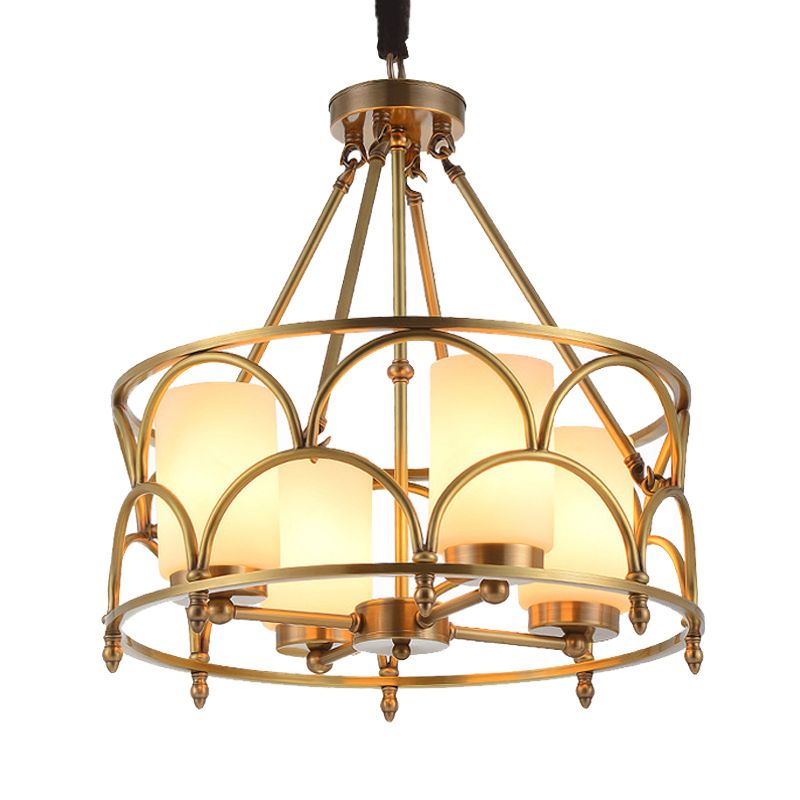 Cylinder Chandelier Modern Metal 4/8 Bulbs Hanging Ceiling Light in Brass with Frosted Glass Shade