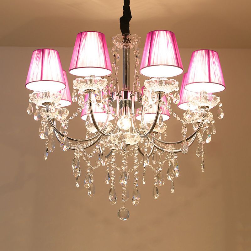 Kids Bedroom Lighting Crystal Chandelies  8 Light Fabric Shade Hanging Light in Nickel Finish
