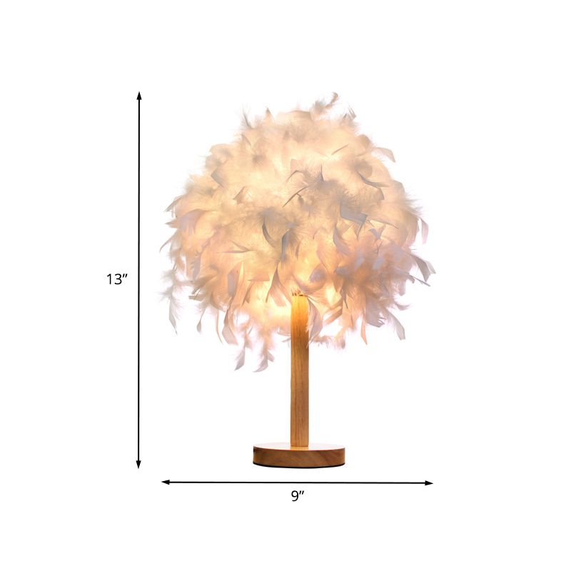 Mesa nocturna de plumas blancas Lámpara modernista 1 lámpara de escritorio de tela ligera con base de madera redonda