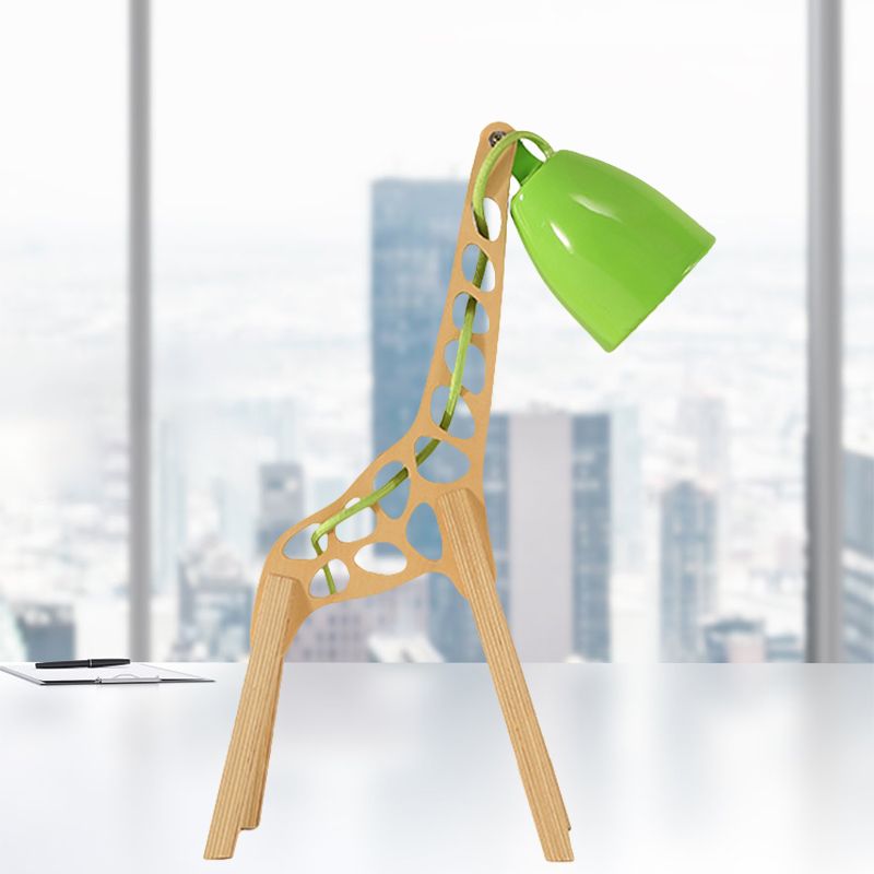 Cartoon Bell Night Light Metal 1-Light Bedroom Table Lamp in Blue/Red/Green with Standing Giraffe Wood Base