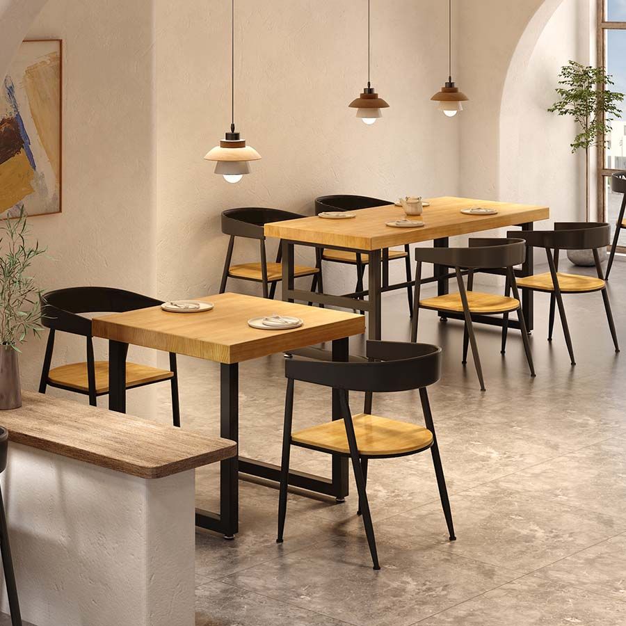 Natural Finish Table with Metal Frame Industrial Solid Wood Top Dining Table