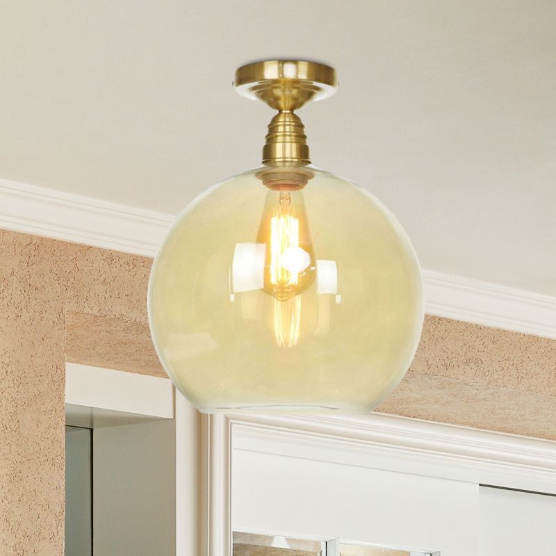 1 Light Spherical Semi Flush Light Brass Industrial Clear/Amber Glass Ceiling Mount, 8"/10"/12" Wide