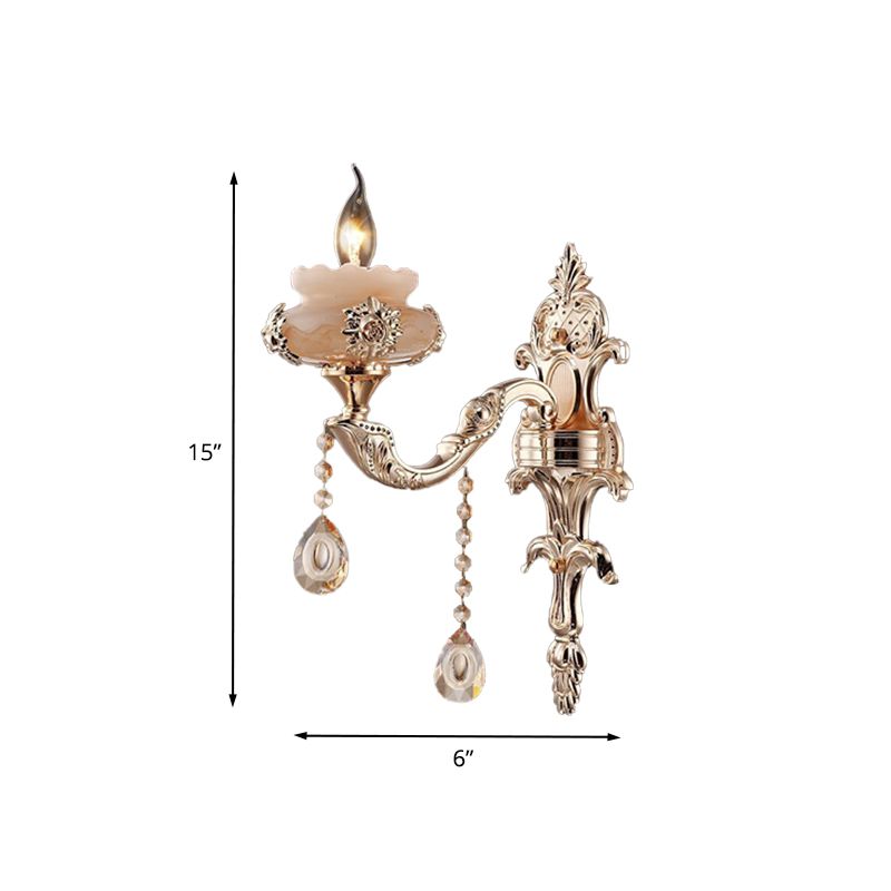 1/2-Head K9 Crystal Sconce Lamp Traditional Gold Candle Corridor Wall Lighting Fixture with Jade Saucer