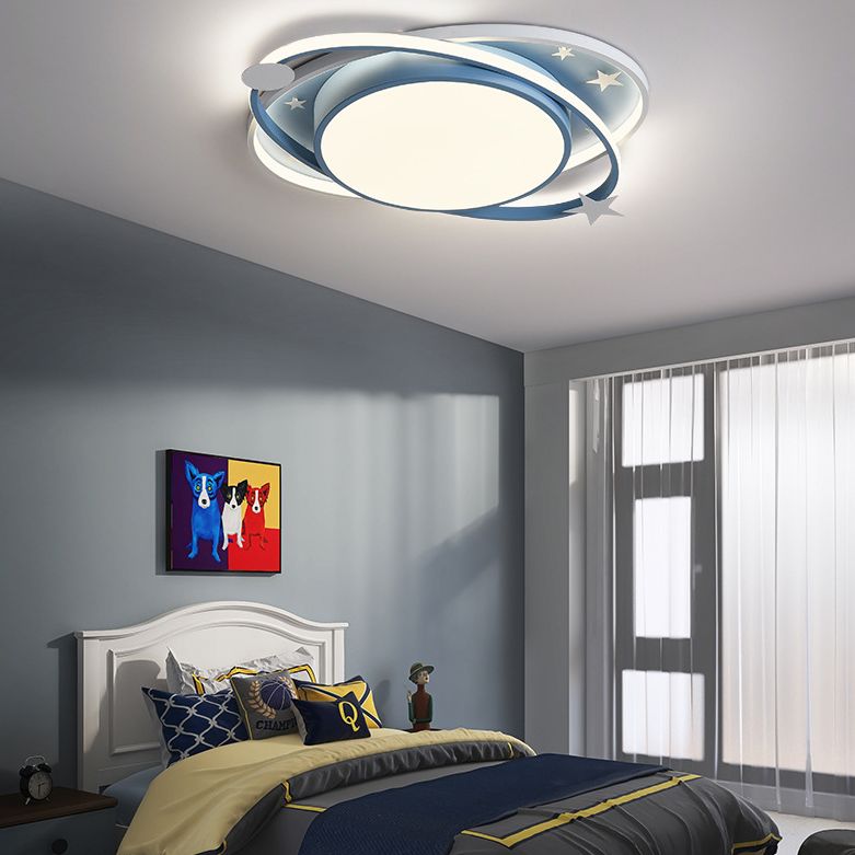Nordic Metal Flush Mount Light Fixture Saturn Flush Mount Spotlight with White Acrylic Shade for Kids Bedroom