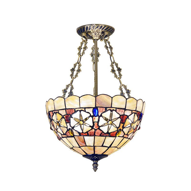 3 Lights Ceiling Mount Chandelier Tiffany Scalloped Handcrafted Shell Semi Flush Light in Brass