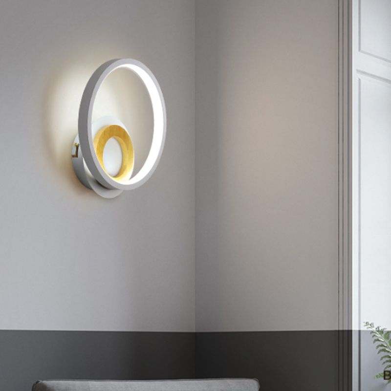 Double Ring Acrylic Wall Lamp Nordic White and Wood LED Wall Mount Lighting in Warm/White Light for Home