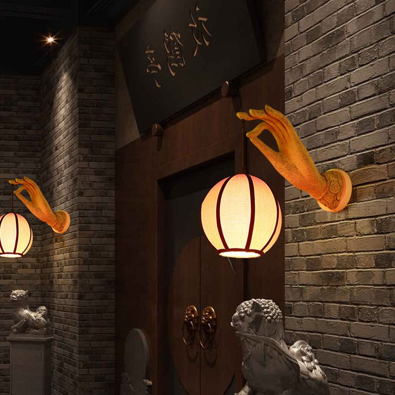 Red Global Wall Light Sconce Asian Style Single Head Fabric Wall Lamp Fixture with Resin Hand Backplate for Restaurant