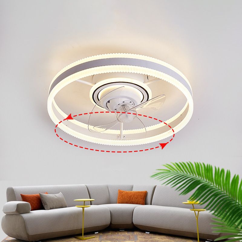 White Round Ceiling Fan 360 Degree Rotatable Minimalist Semi Flush Mount Light