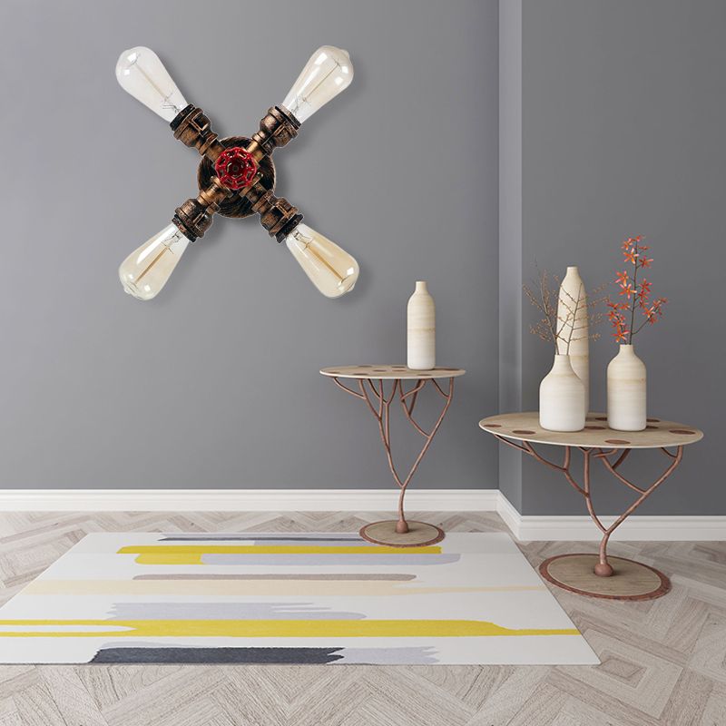 Schmiedeeisen -Sputnik -Wandlampe mit freiliegender Glühbirne und Ventilfarmhaus 4 Leuchten Innenmauer Bronze -Wandbeleuchtung